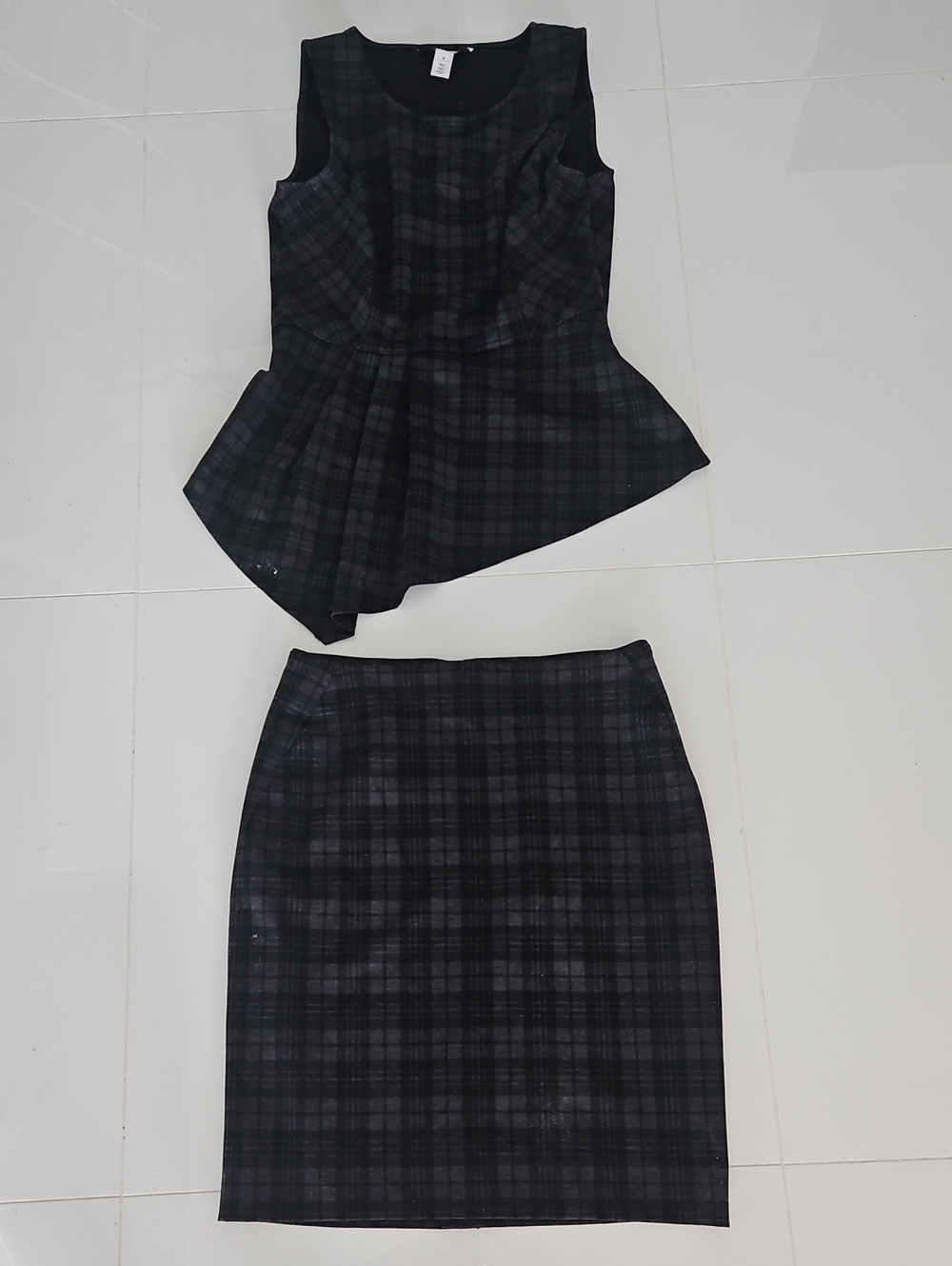 White House Black Market Black Plaid Peplum Top & Pencil Skirt Set